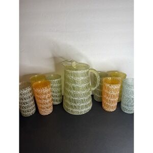 Vintage MCM Color Craft Spaghetti Ice Glass Pitcher Set w/ 8 Tumblers Multicolor
